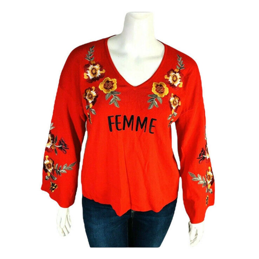 New INC Womens Plus Sz 1X Femme Floral Embroidered Bell-Sleeve Sweater Red NWT
